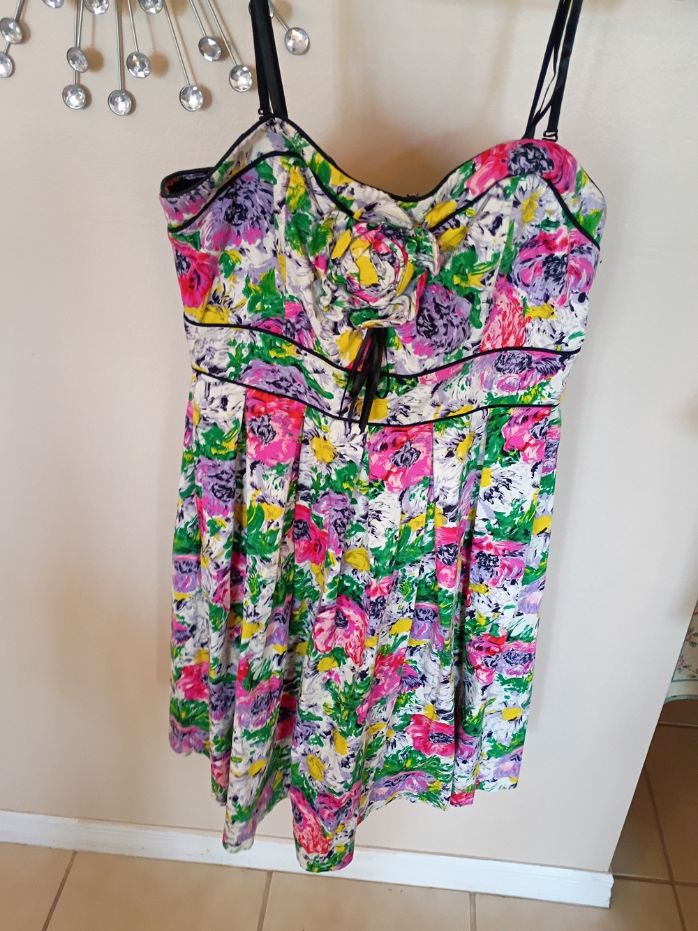 London Times Strapless Floral Dress in Pink, Green, Yellow, Purple
